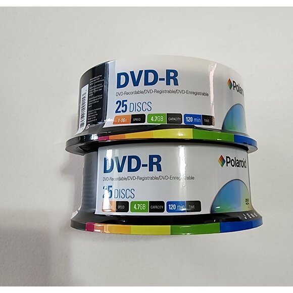 Polaroid DVD-R 4.7GB 120 Min 16x Recordable Discs - 2 Spindles of 25 = 50 Discs - Picture 1 of 6